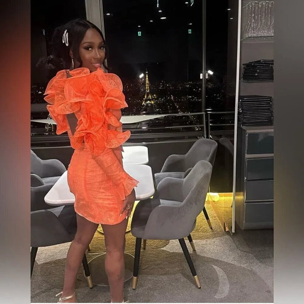ASOS Orange Ruffle Puff-Sleeve Mini Dress - Picture 2 of 14
